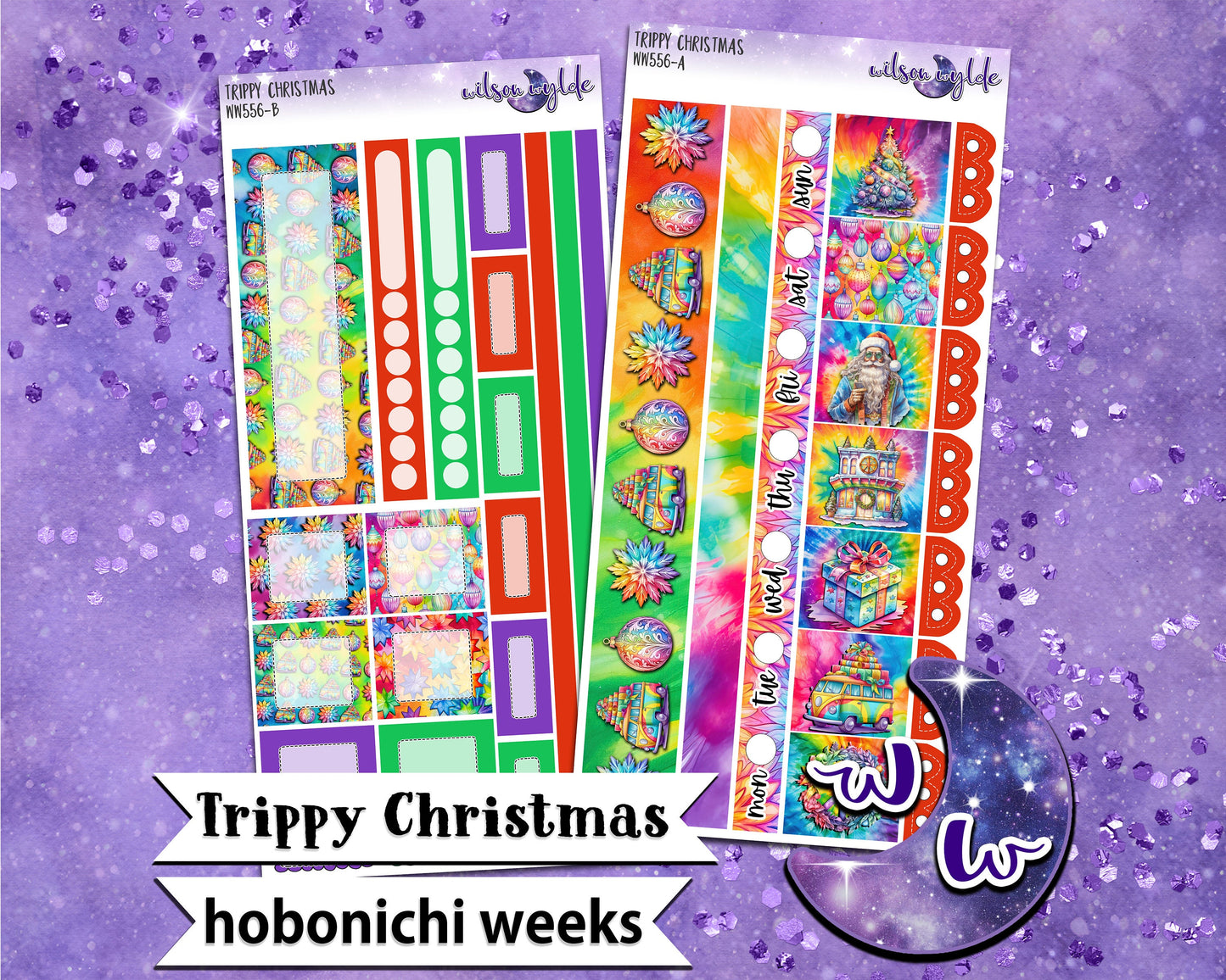 Trippy Christmas weekly sticker kit, HOBONICHI WEEKS format, a la carte and bundle options. WW556