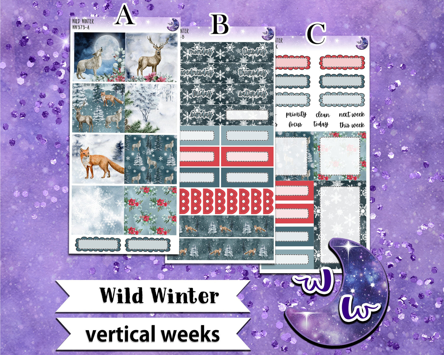 Wild Winter weekly sticker kit, VERTICAL WEEKS format, Print Pression weeks, a la carte and bundle options. WW373