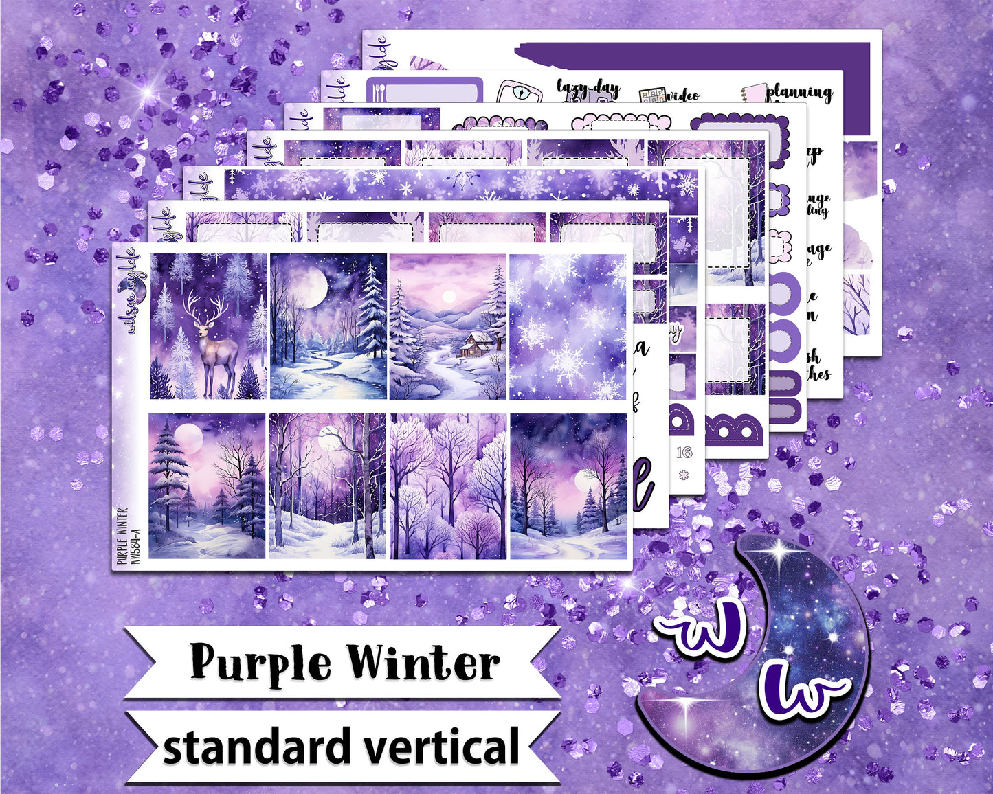 Purple Winter full weekly sticker kit, STANDARD VERTICAL format, a la carte and bundle options. WW584