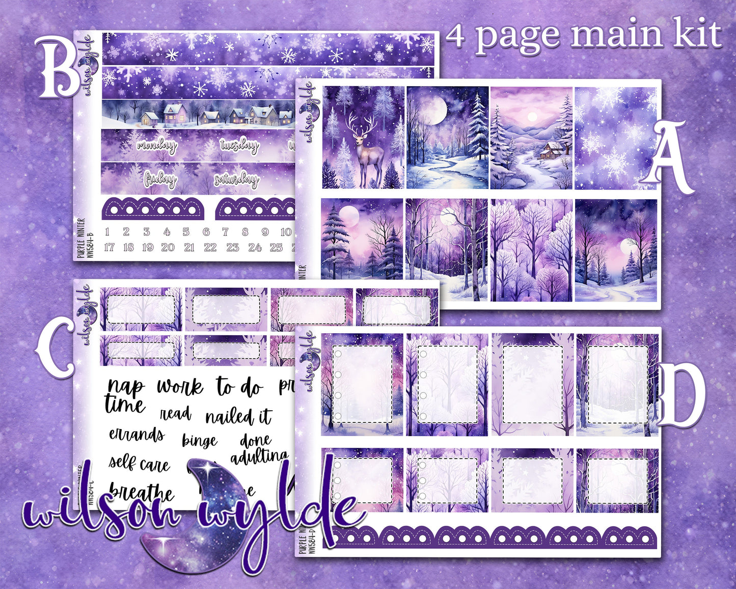 Purple Winter full weekly sticker kit, STANDARD VERTICAL format, a la carte and bundle options. WW584