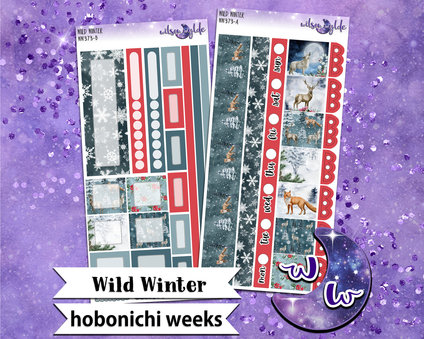 Wild Winter weekly sticker kit, HOBONICHI WEEKS format, a la carte and bundle options. WW373