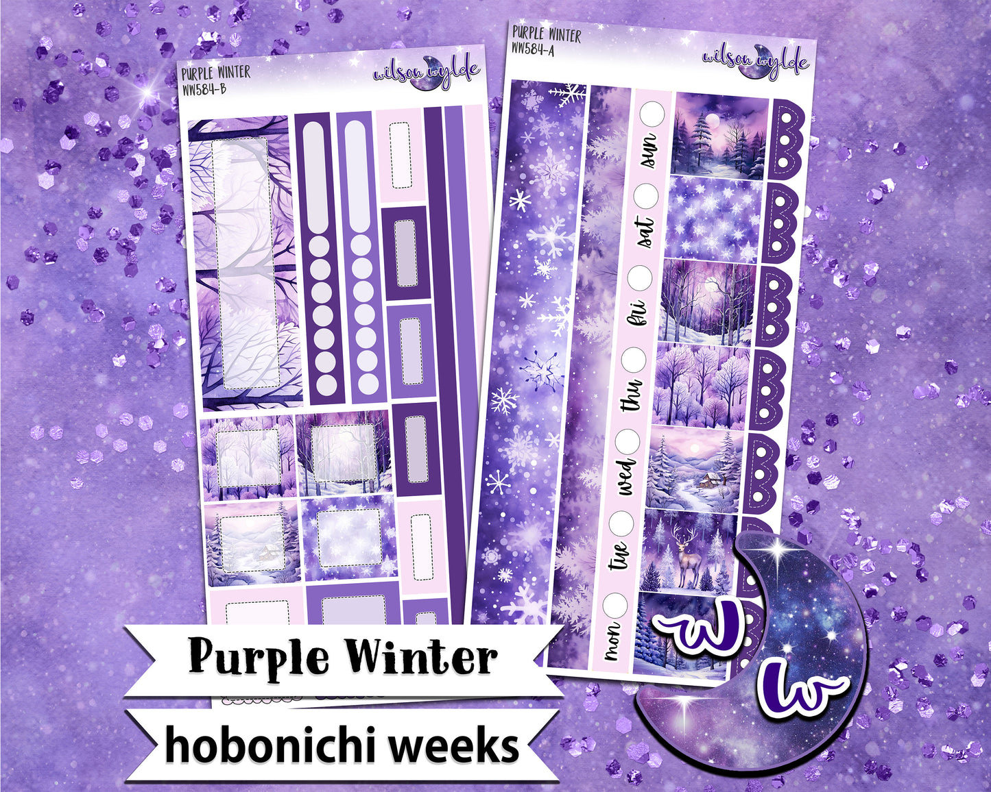 Purple Winter weekly sticker kit, HOBONICHI WEEKS format, a la carte and bundle options. WW584