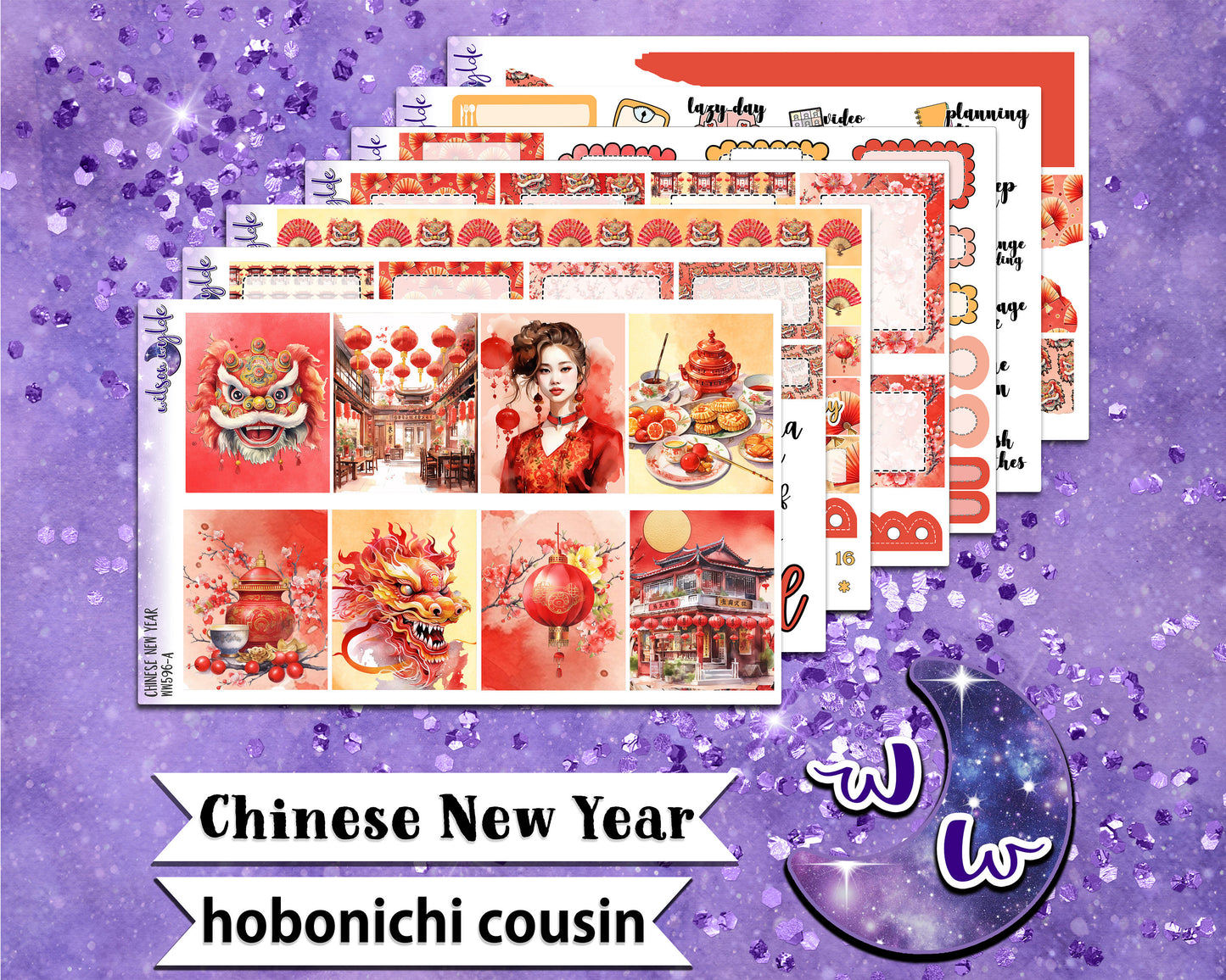 Lunar New Year full weekly sticker kit, HOBONICHI COUSIN format, a la carte and bundle options. WW596