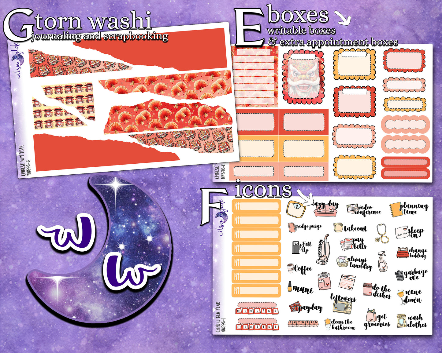 Lunar New Year full weekly sticker kit, HOBONICHI COUSIN format, a la carte and bundle options. WW596