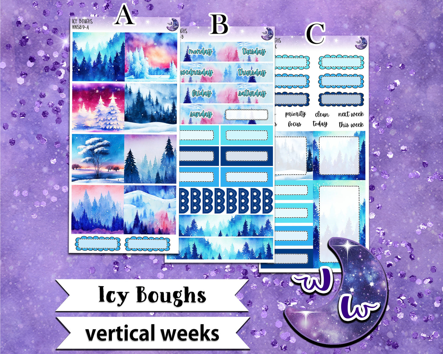 Icy Boughs weekly sticker kit, VERTICAL WEEKS format, Print Pression weeks, a la carte and bundle options. WW589