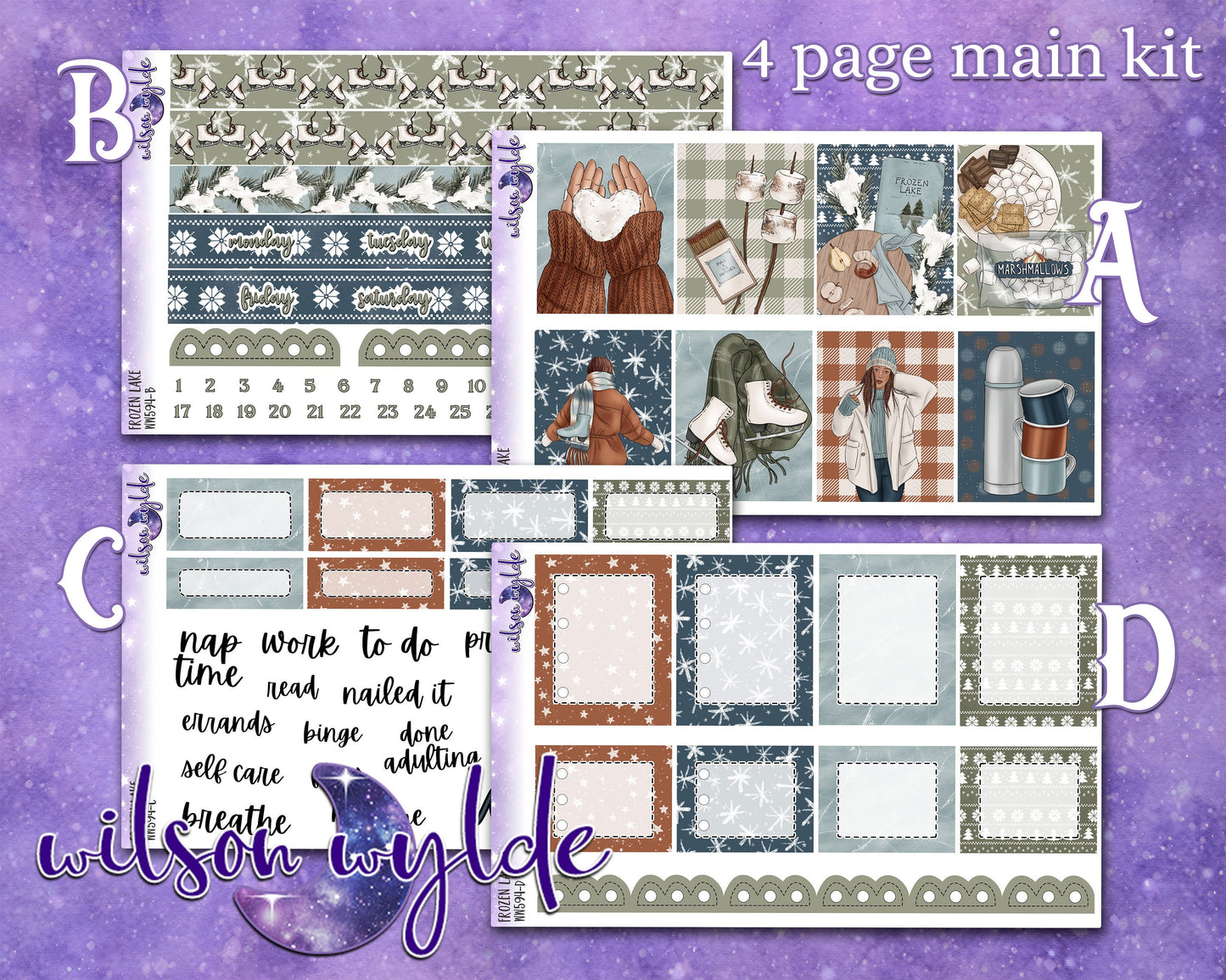 Frozen Lake full weekly sticker kit, HOBONICHI COUSIN format, a la carte and bundle options. WW594