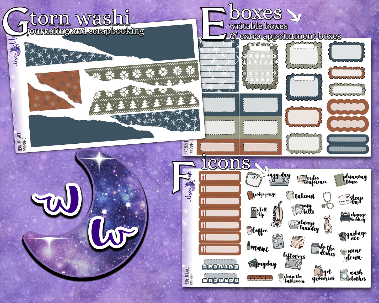 Frozen Lake full weekly sticker kit, HOBONICHI COUSIN format, a la carte and bundle options. WW594