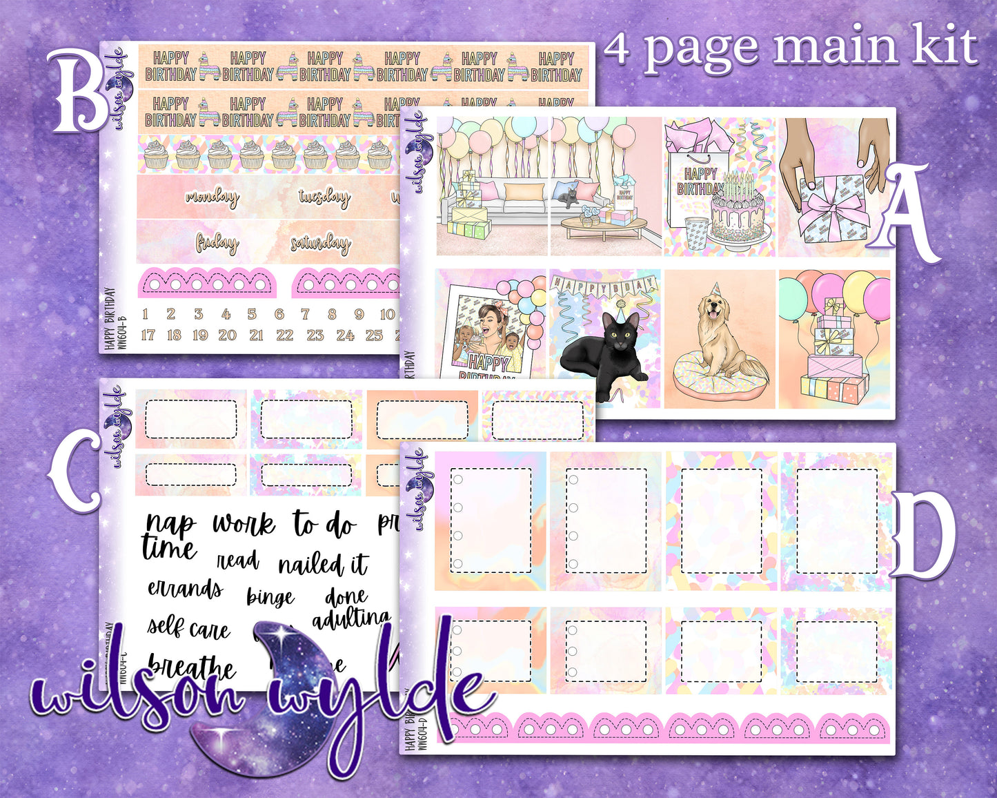 Happy Birthday full weekly sticker kit, STANDARD VERTICAL format, a la carte and bundle options. WW604