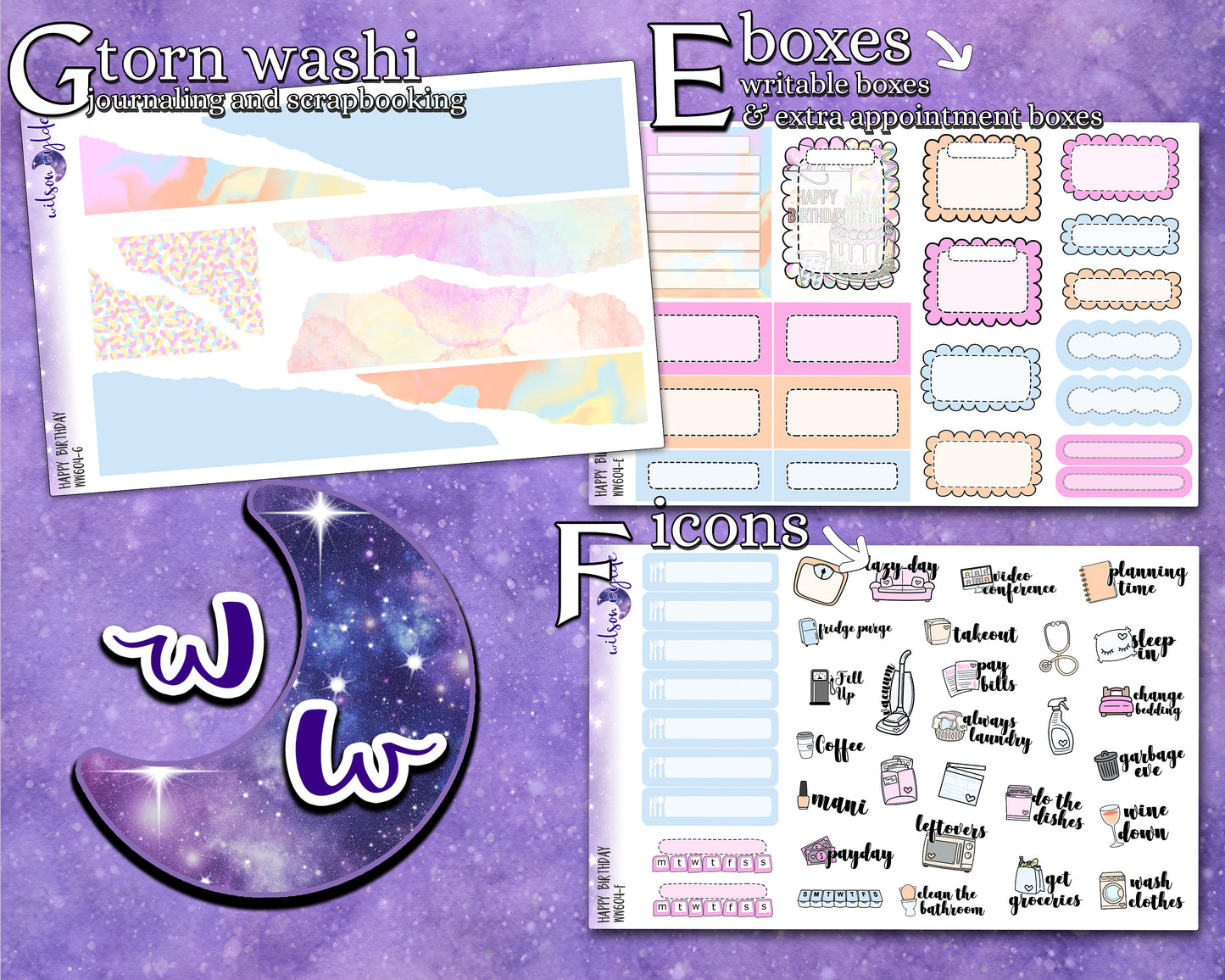 Happy Birthday full weekly sticker kit, STANDARD VERTICAL format, a la carte and bundle options. WW604