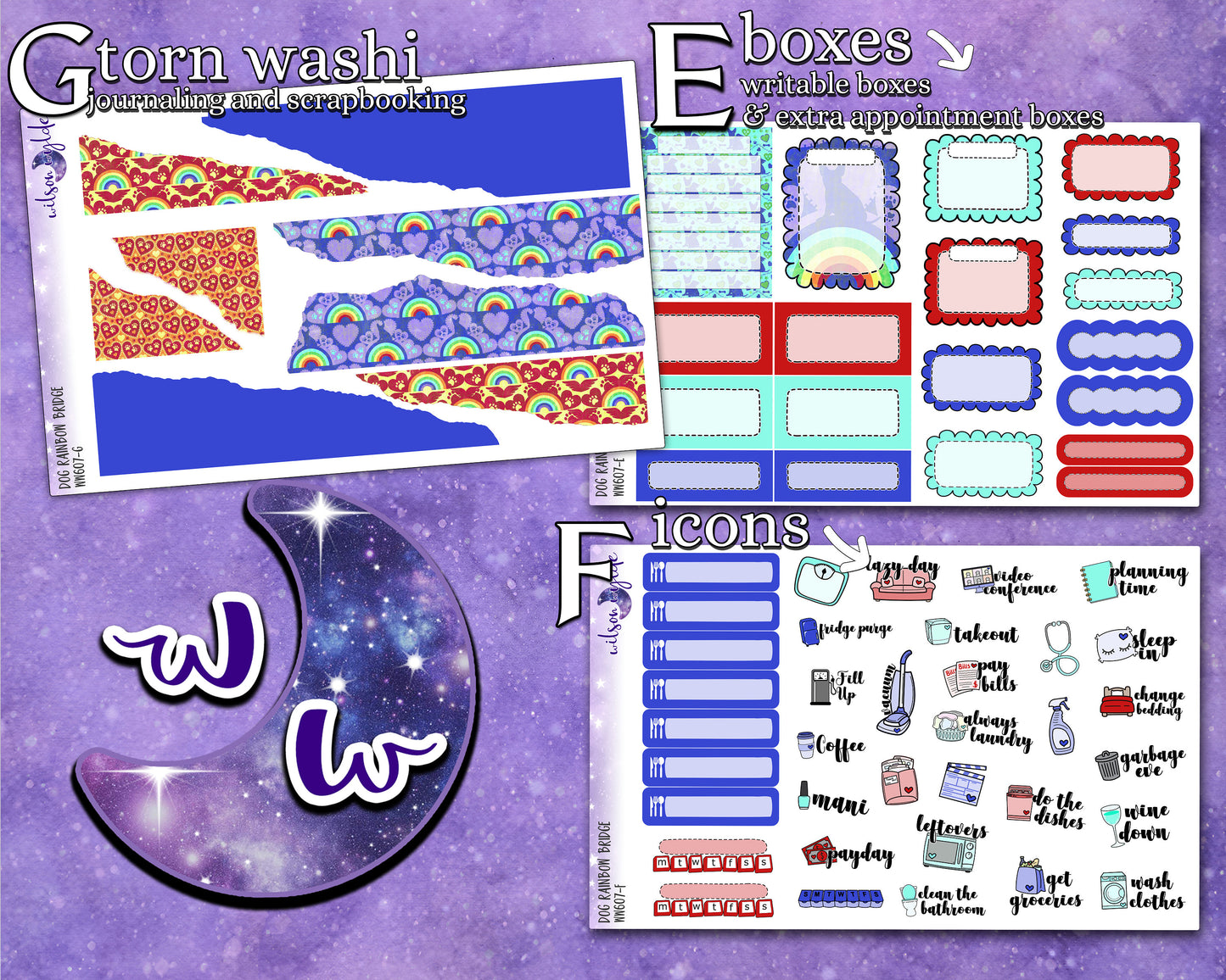Dog Rainbow Bridge full weekly sticker kit, STANDARD VERTICAL format, a la carte and bundle options. WW607