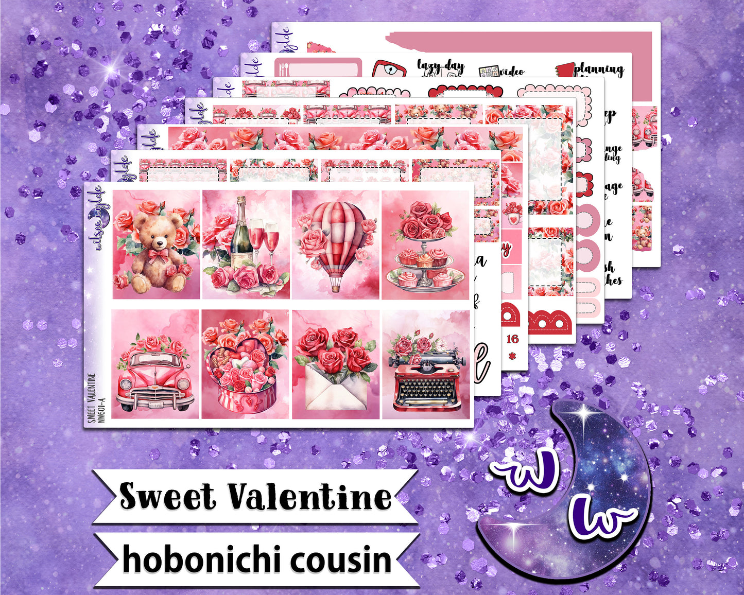 Sweet Valentine full weekly sticker kit, HOBONICHI COUSIN format, a la carte and bundle options. WW601