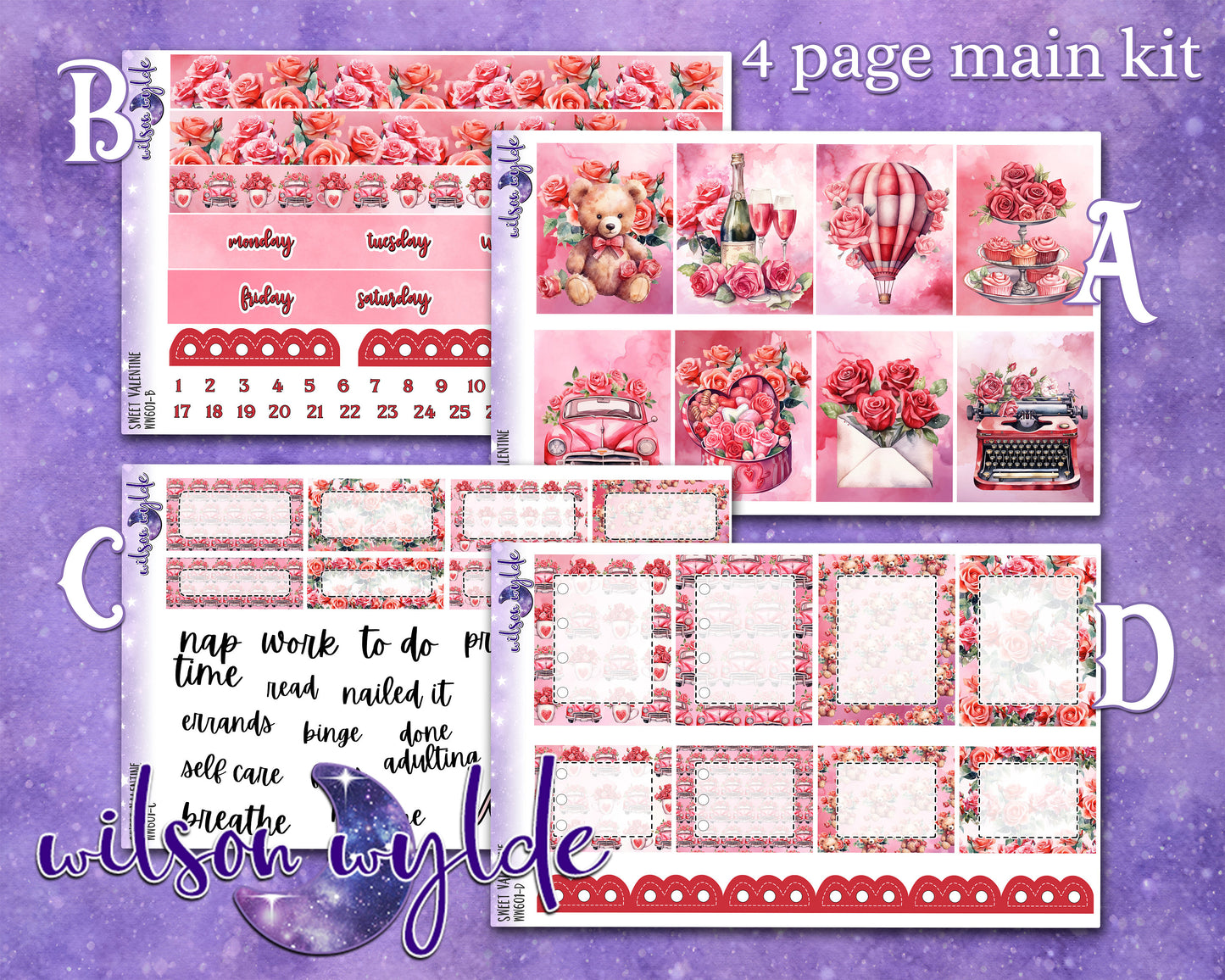 Sweet Valentine full weekly sticker kit, HOBONICHI COUSIN format, a la carte and bundle options. WW601