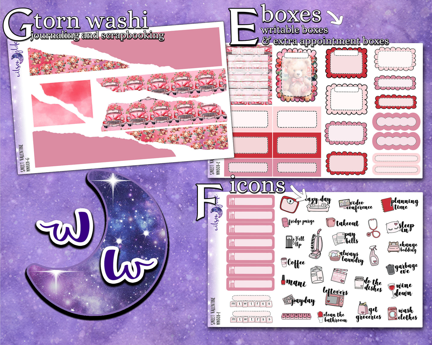 Sweet Valentine full weekly sticker kit, HOBONICHI COUSIN format, a la carte and bundle options. WW601
