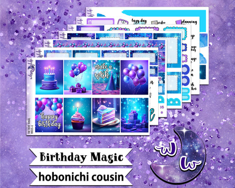 Birthday Magic full weekly sticker kit, HOBONICHI COUSIN format, a la carte and bundle options. WW605