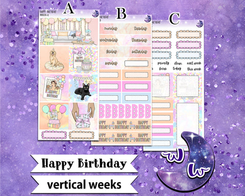 Happy Birthday weekly sticker kit, VERTICAL WEEKS format, Print Pression weeks, a la carte and bundle options. WW604