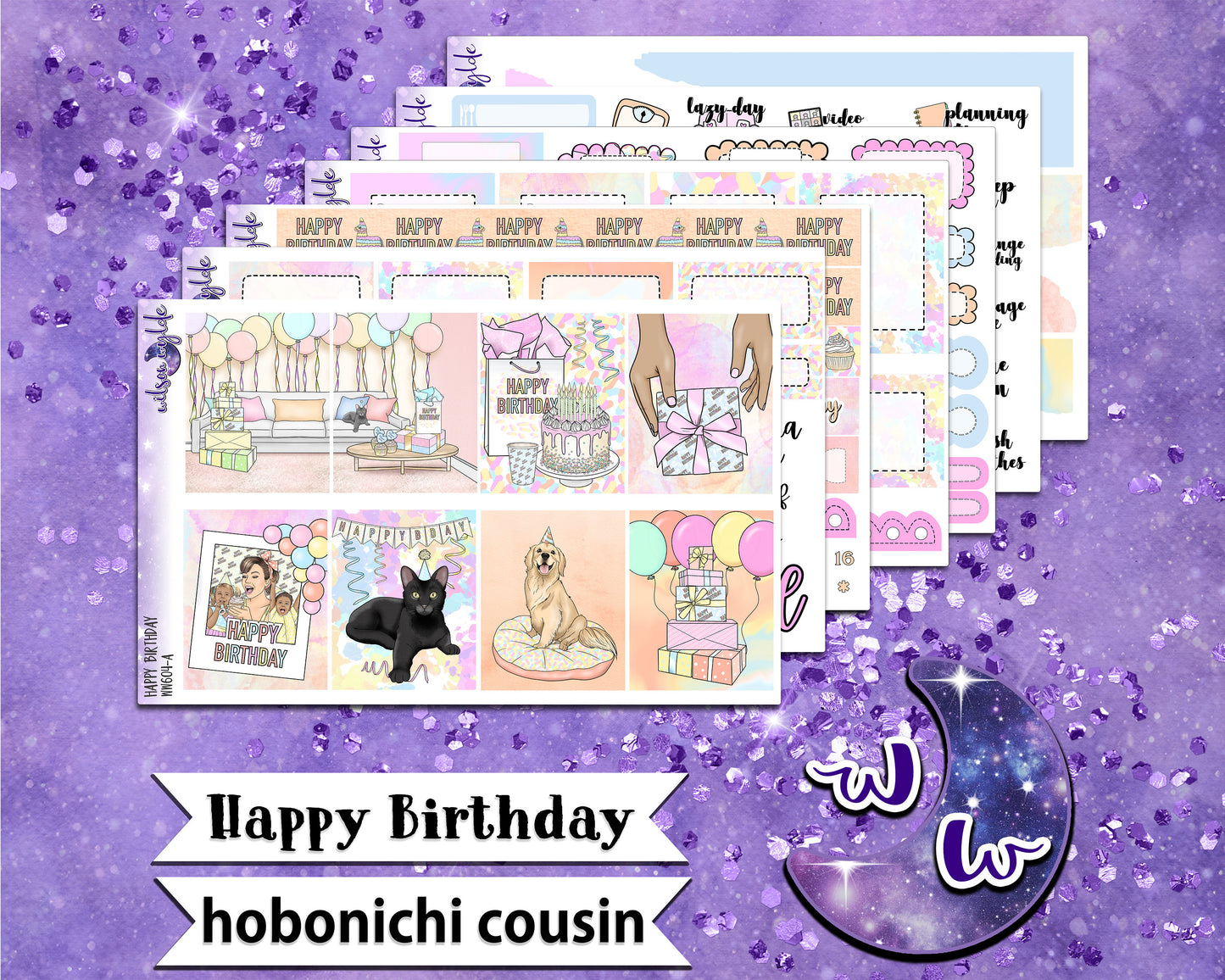 Happy Birthday full weekly sticker kit, HOBONICHI COUSIN format, a la carte and bundle options. WW604
