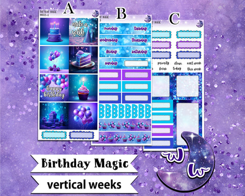 Birthday Magic weekly sticker kit, VERTICAL WEEKS format, Print Pression weeks, a la carte and bundle options. WW605