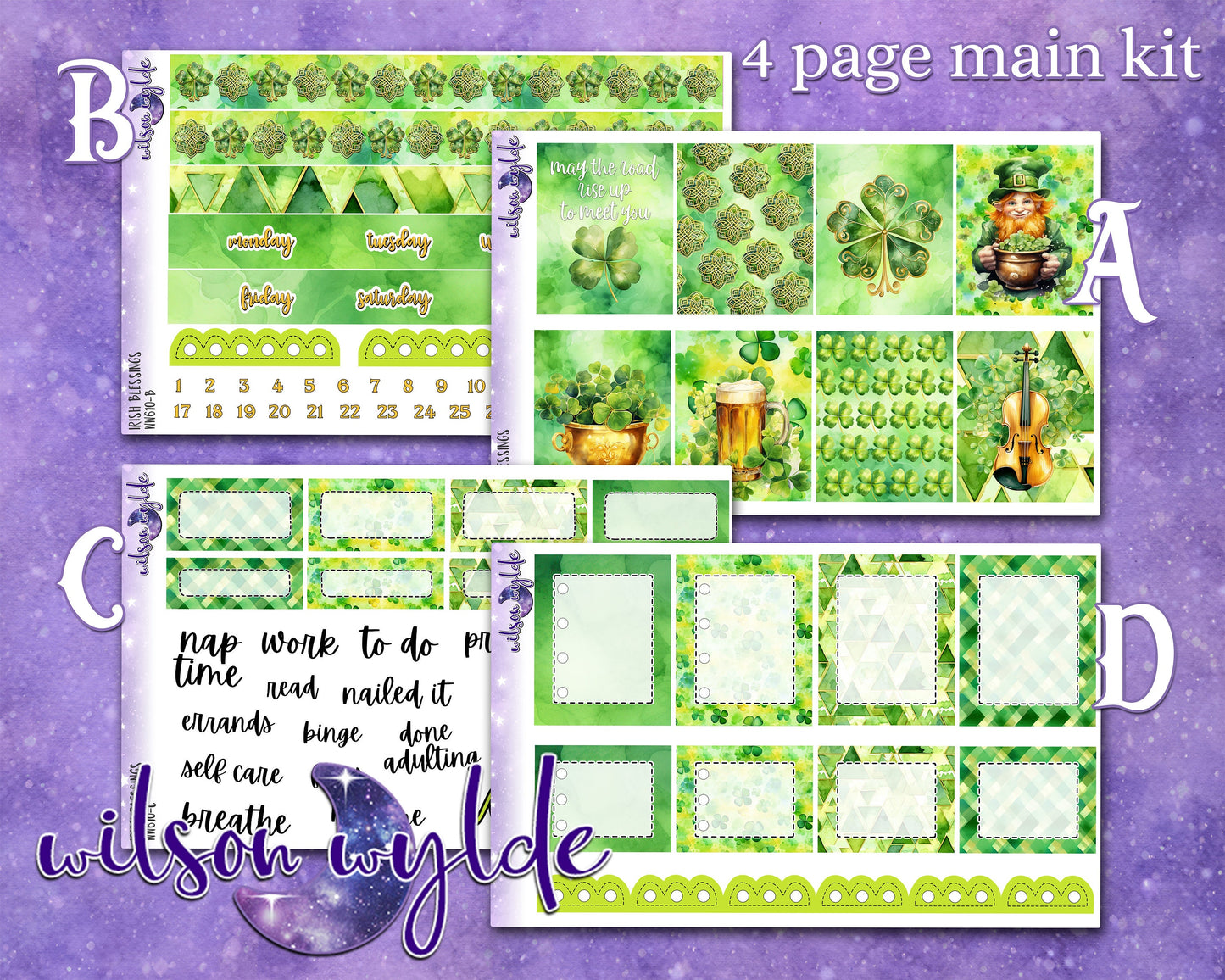 Irish Blessings full weekly sticker kit, HOBONICHI COUSIN format, a la carte and bundle options. WW610