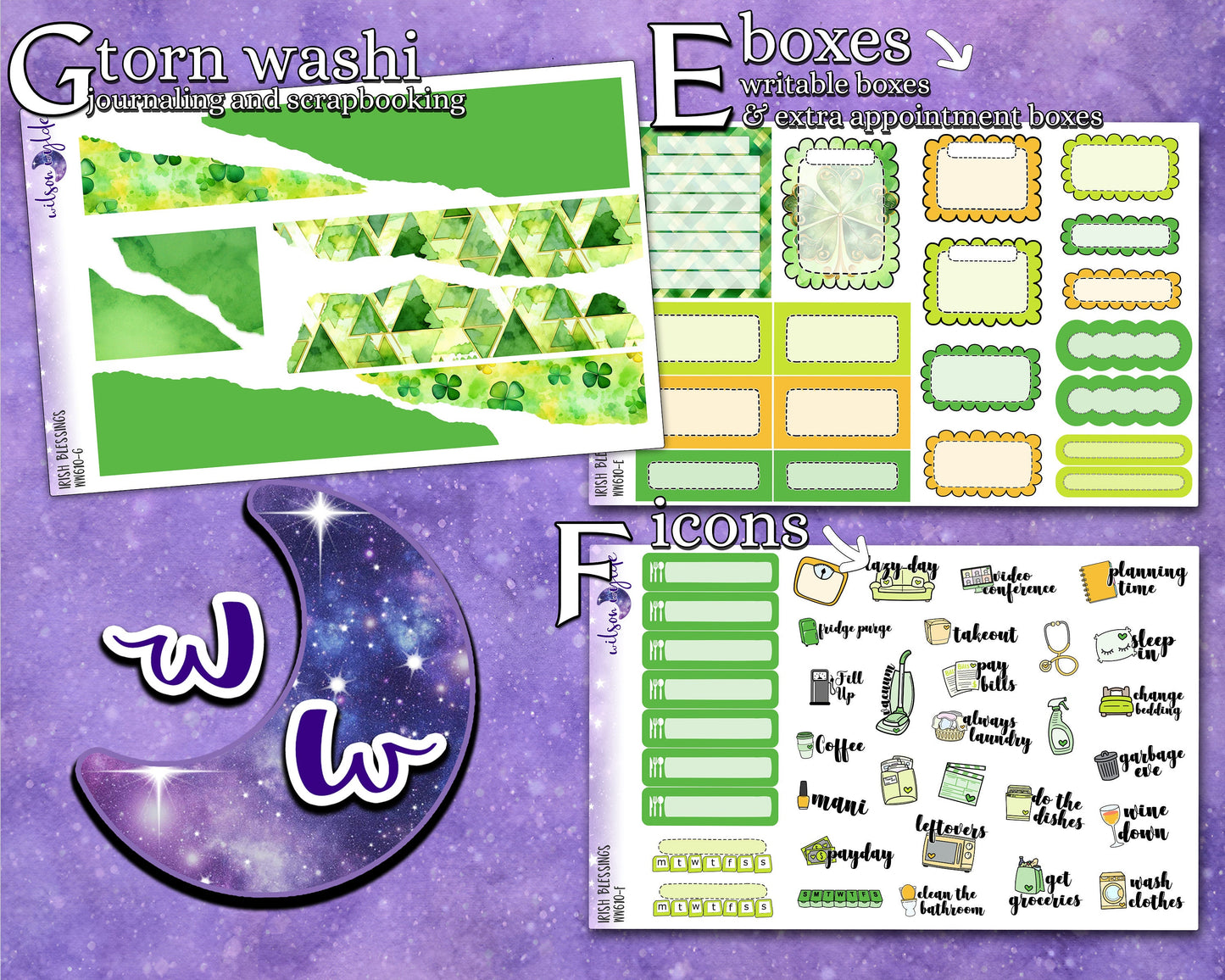 Irish Blessings full weekly sticker kit, HOBONICHI COUSIN format, a la carte and bundle options. WW610
