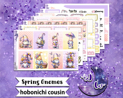 Spring Gnomes full weekly sticker kit, HOBONICHI COUSIN format, a la carte and bundle options. WW611