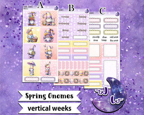 Spring Gnomes weekly sticker kit, VERTICAL WEEKS format, Print Pression weeks, a la carte and bundle options. WW611
