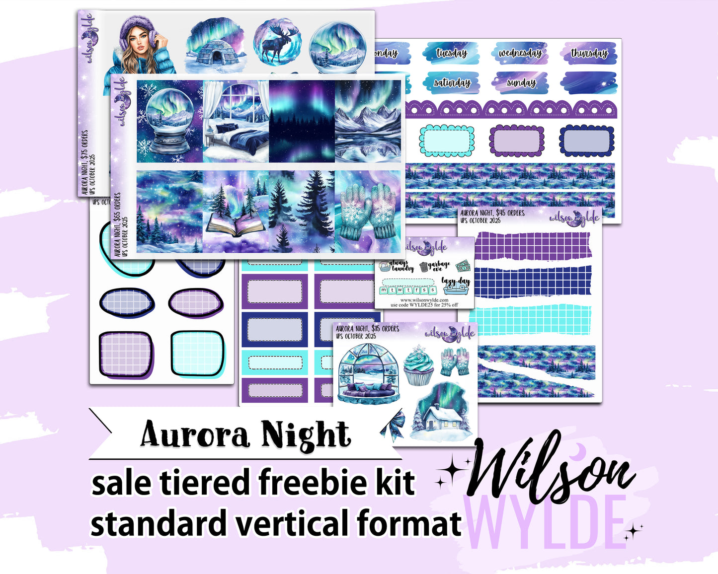 Aurora Night, tiered freebie kit, standard vertical format. 8 planner sticker sheets, includes deco, full and appointment boxes.