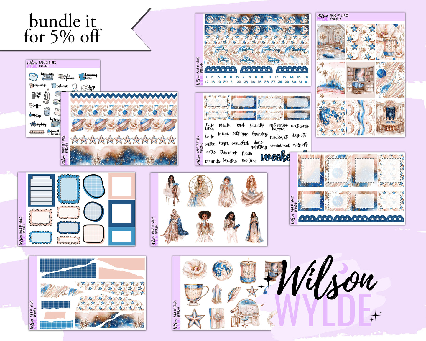 Made of Stars weekly sticker kit, HOBONICHI COUSIN format, a la carte and bundle options. WW1026