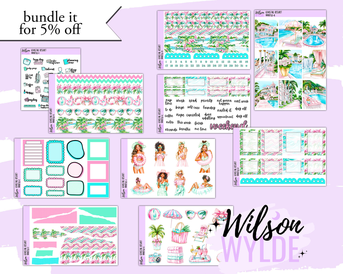 Coastal Resort weekly sticker kit, HOBONICHI COUSIN format, a la carte and bundle options. WW1032