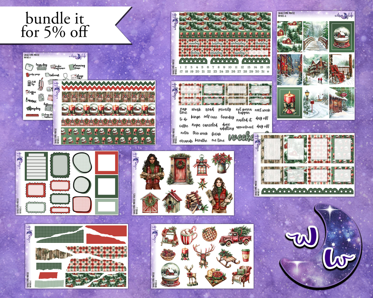 Smalltown Winter weekly sticker kit, HOBONICHI COUSIN format, a la carte and bundle options. WW985