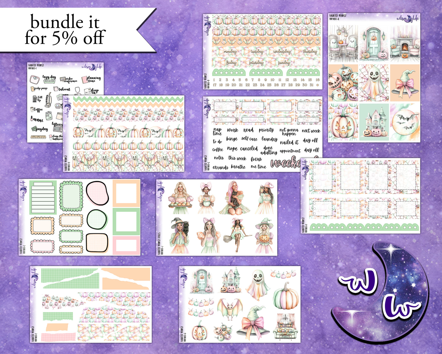 Haunted Whimsy weekly sticker kit, HOBONICHI COUSIN format, a la carte and bundle options. WW980