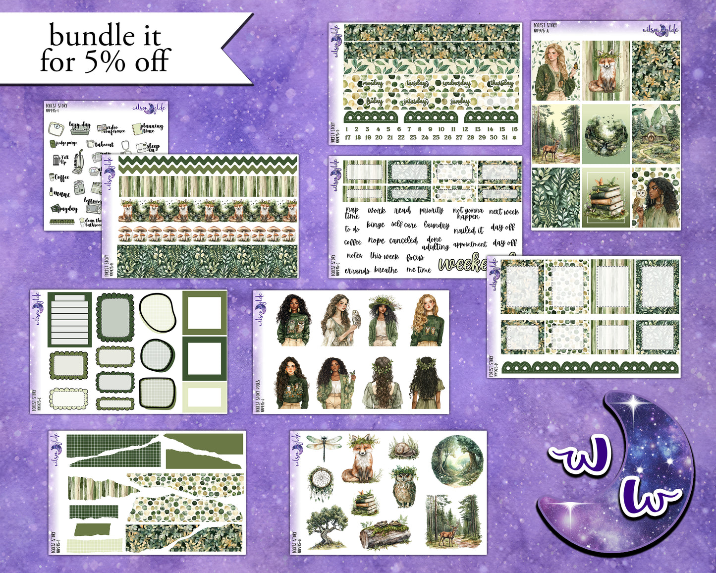 Forest Story weekly sticker kit, HOBONICHI COUSIN format, a la carte and bundle options. WW975