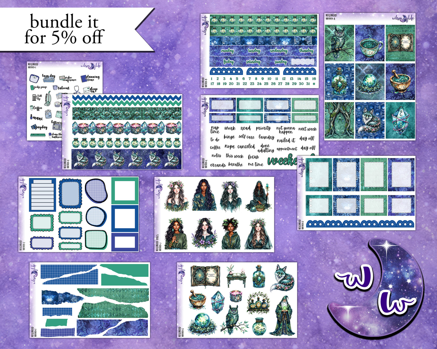 Witchwood weekly sticker kit, HOBONICHI COUSIN format, a la carte and bundle options. WW949