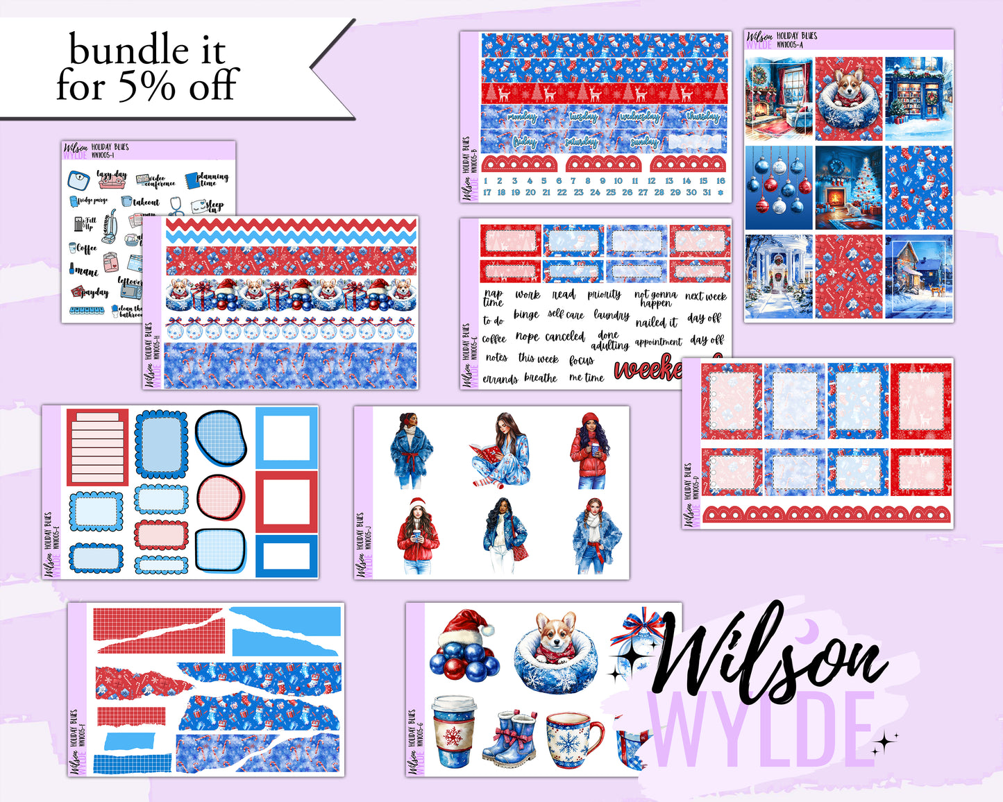Holiday Blues weekly sticker kit, STANDARD VERTICAL format, a la carte and bundle options. WW1005