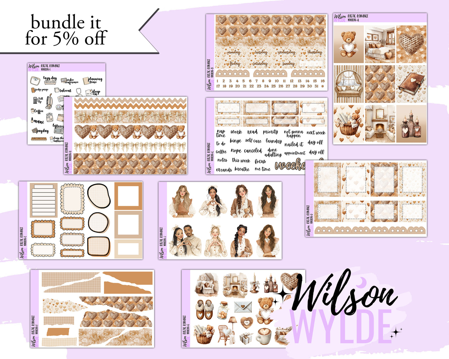 Rustic Romance weekly sticker kit, HOBONICHI COUSIN format, a la carte and bundle options. WW1014