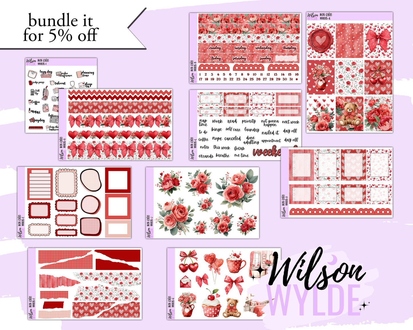 Mon Cheri weekly sticker kit, HOBONICHI COUSIN format, a la carte and bundle options. WW1015
