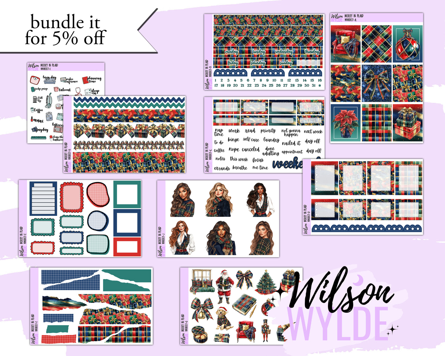Merry in Plaid weekly sticker kit, HOBONICHI COUSIN format, a la carte and bundle options. WW1007