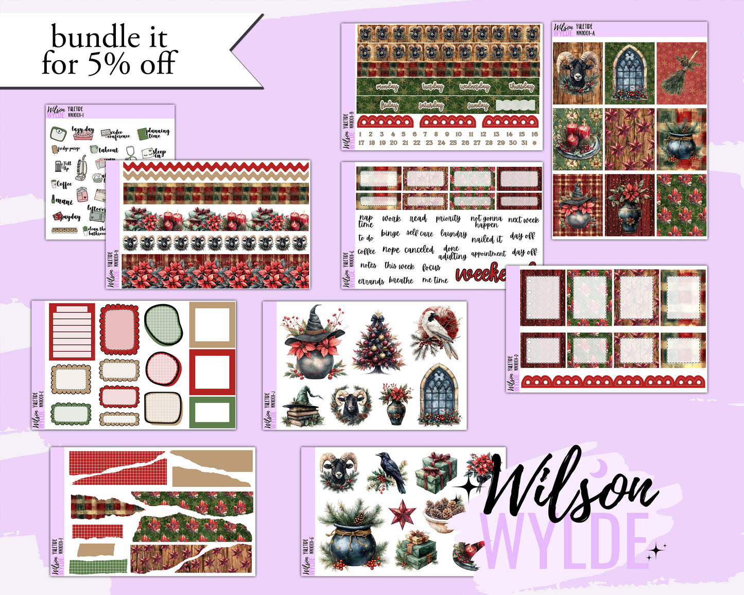 Yuletide weekly sticker kit, HOBONICHI COUSIN format, a la carte and bundle options. WW1001