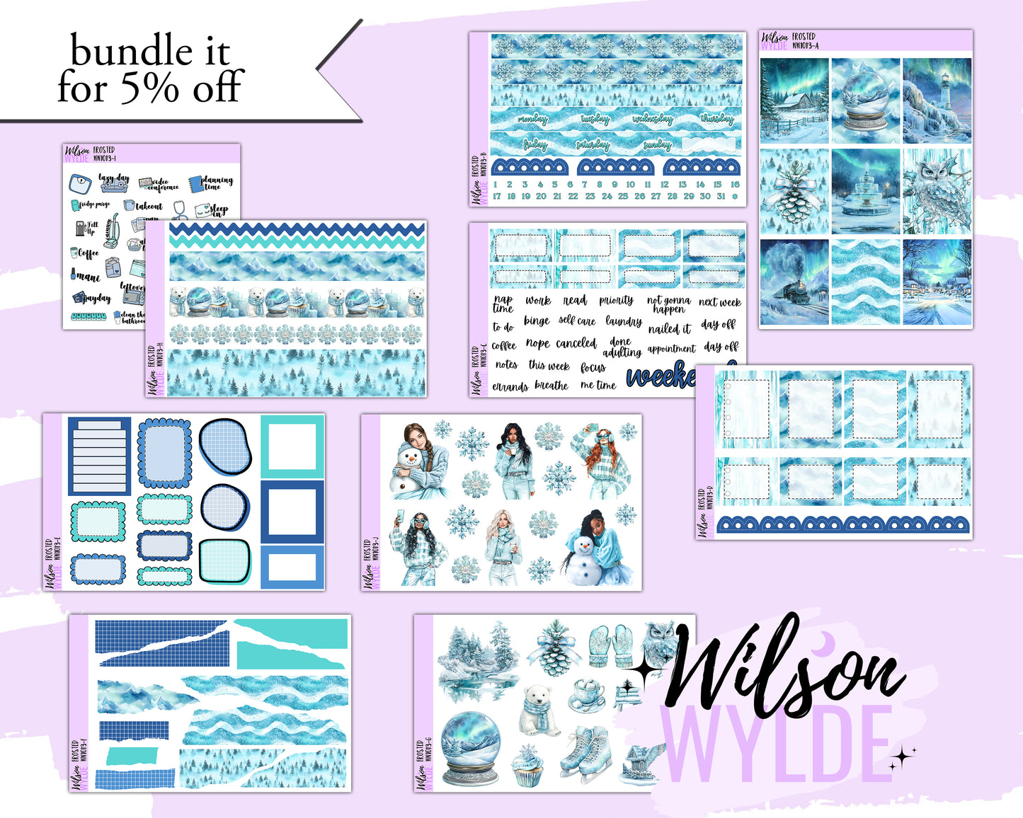 Frosted weekly sticker kit, HOBONICHI COUSIN format, a la carte and bundle options. WW1013