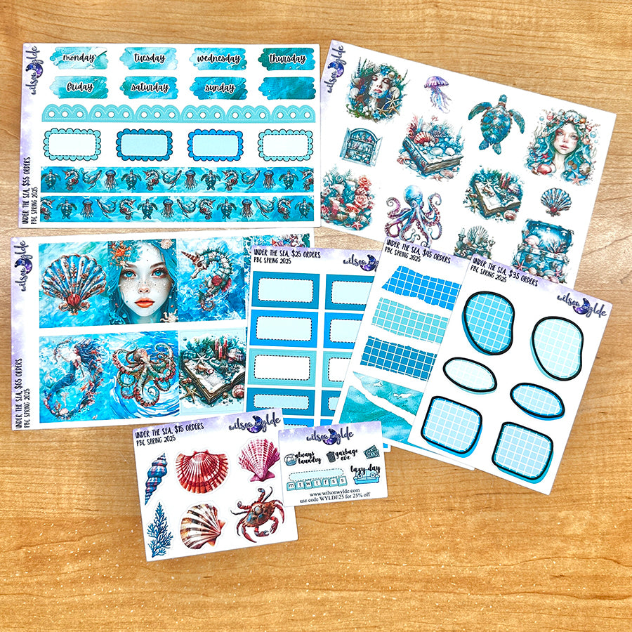 Under the Sea, tiered freebie kit, standard vertical format. 8 planner sticker sheets, includes deco, full and appointment boxes.