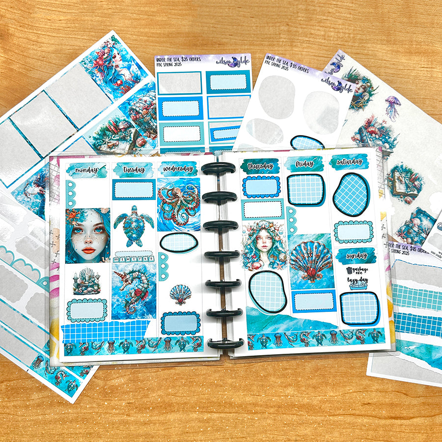 Under the Sea, tiered freebie kit, standard vertical format. 8 planner sticker sheets, includes deco, full and appointment boxes.