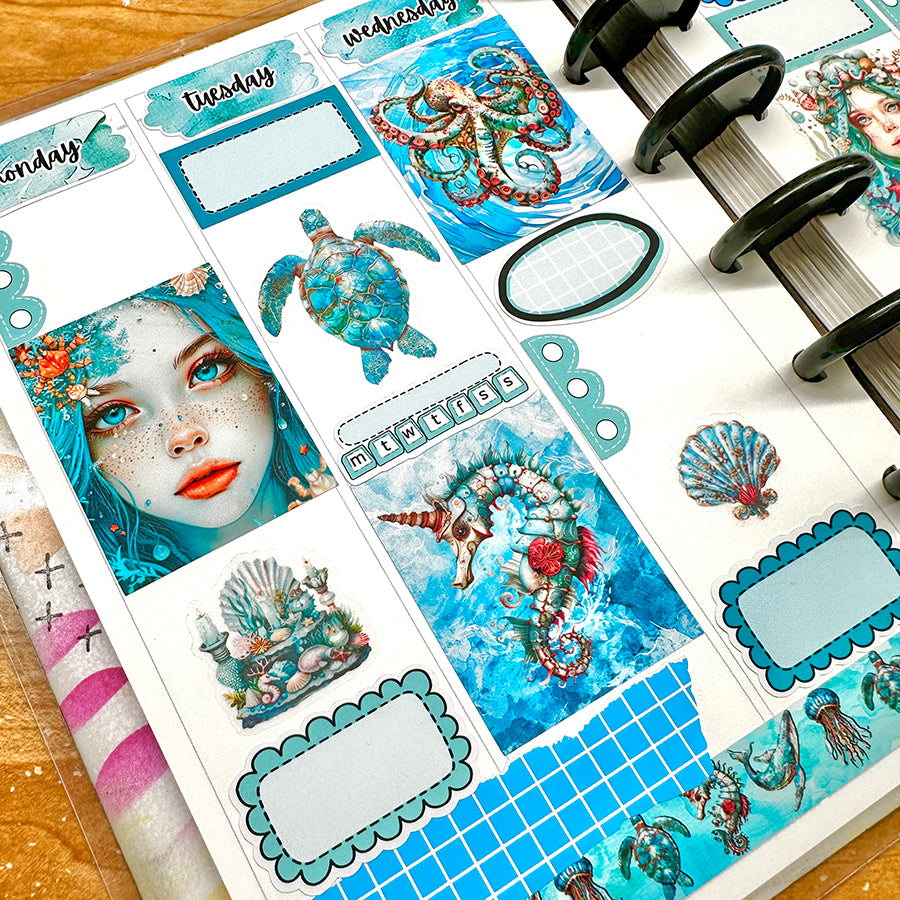 Under the Sea, tiered freebie kit, standard vertical format. 8 planner sticker sheets, includes deco, full and appointment boxes.