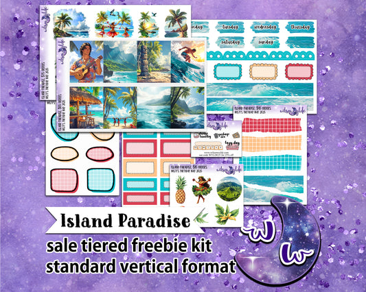 Island Paradise, tiered freebie kit, standard vertical format. 8 planner sticker sheets, includes deco, full and appointment boxes.