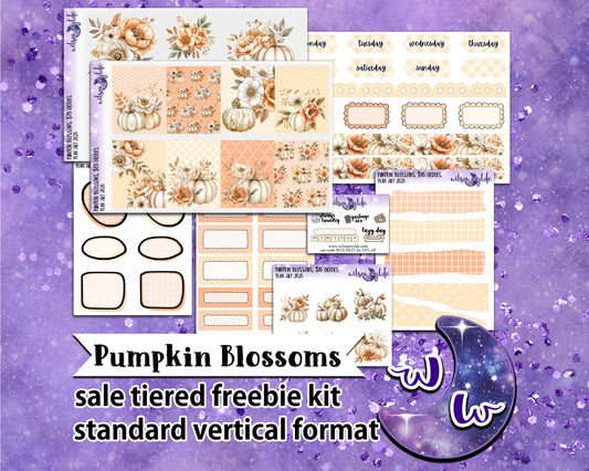 Pumpkin Blossoms, tiered freebie kit, standard vertical format. 8 planner sticker sheets, includes deco, full and appointment boxes.