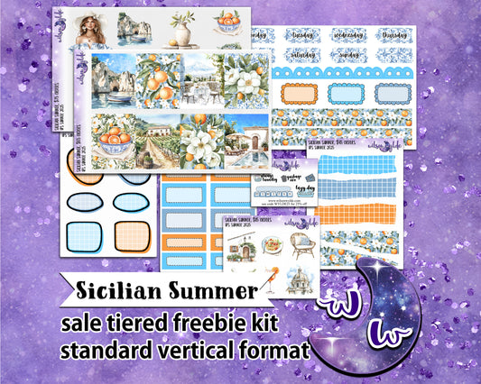Sicilian Summer, tiered freebie kit, standard vertical format. 8 planner sticker sheets, includes deco, full and appointment boxes.
