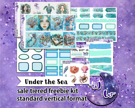 Under the Sea, tiered freebie kit, standard vertical format. 8 planner sticker sheets, includes deco, full and appointment boxes.