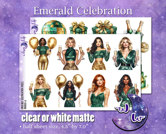 Emerald Celebration deco planner stickers, Matte or frosted clear. WW1000