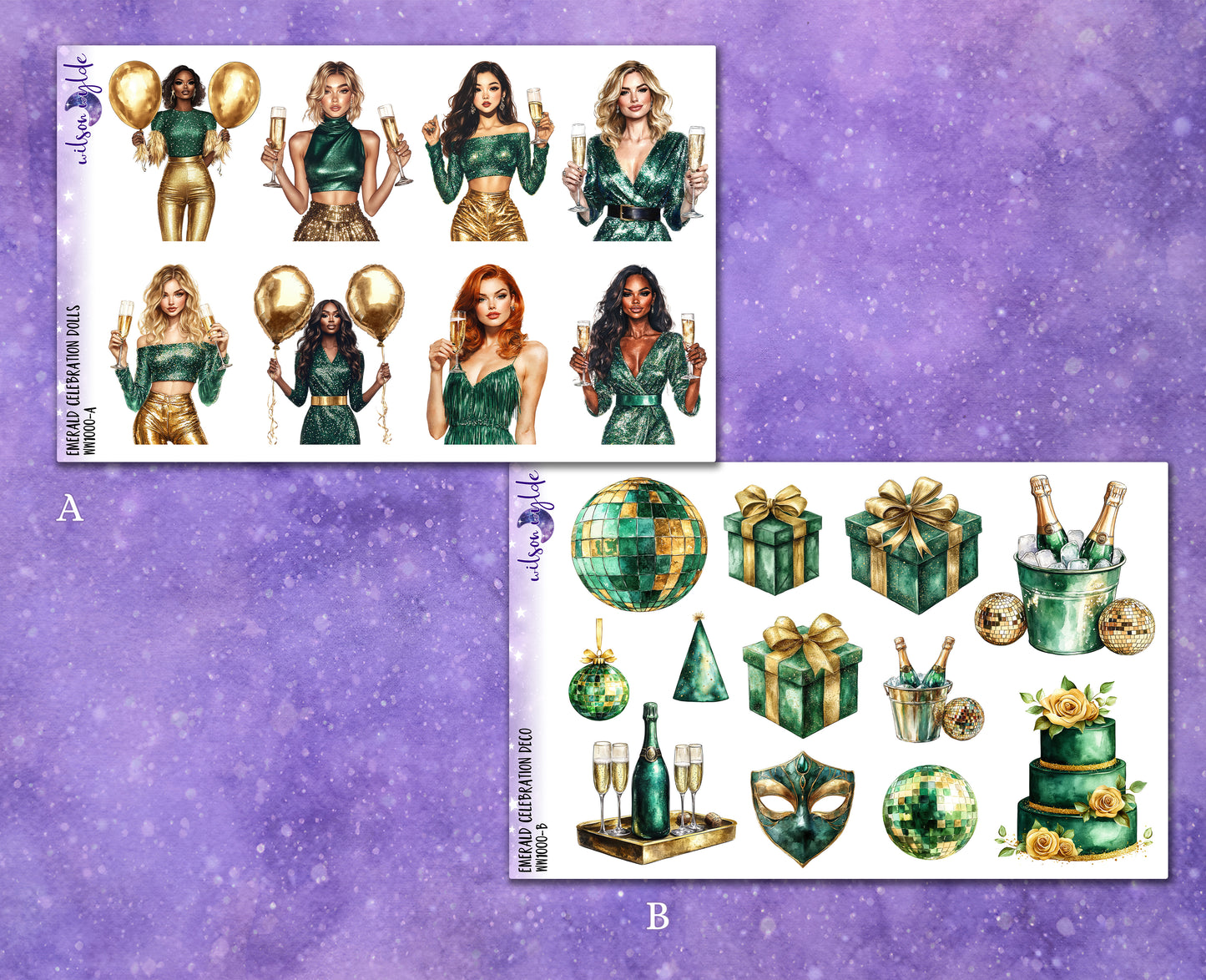 Emerald Celebration deco planner stickers, Matte or frosted clear. WW1000