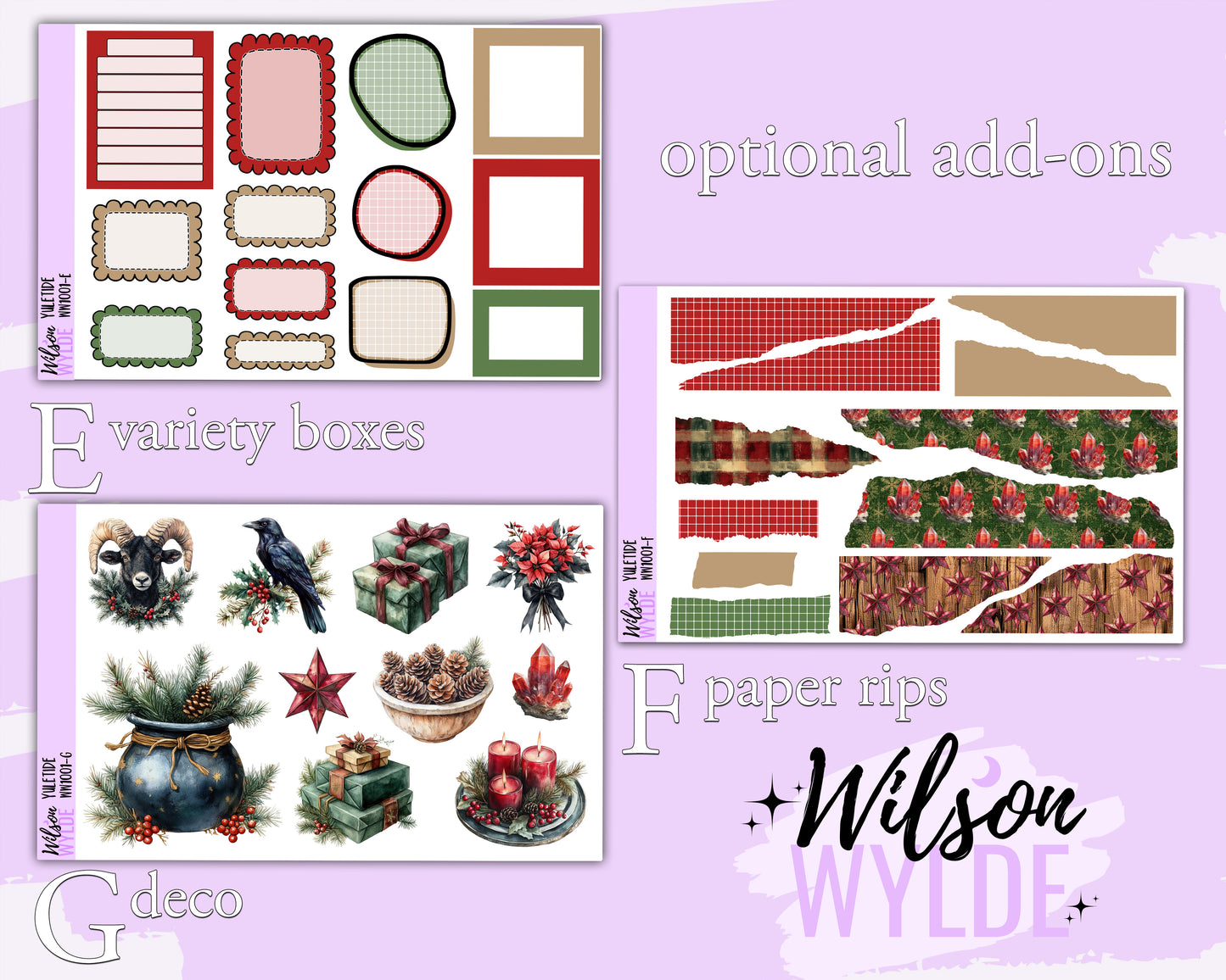 Yuletide weekly sticker kit, HOBONICHI COUSIN format, a la carte and bundle options. WW1001