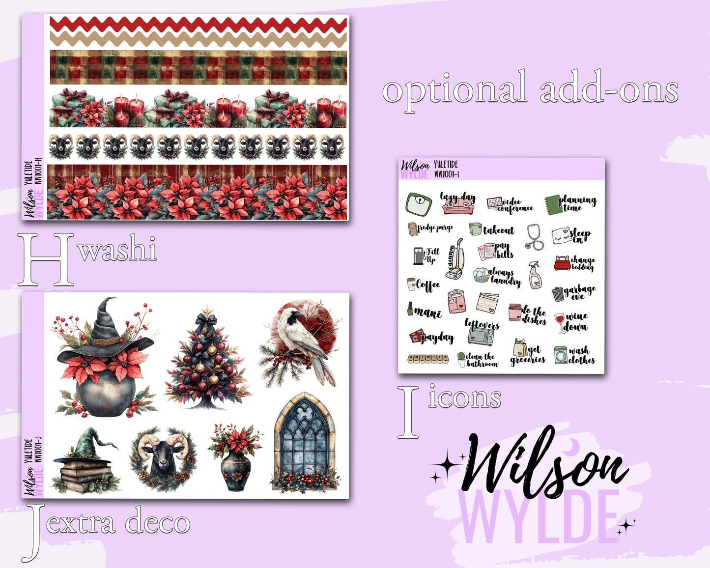 Yuletide weekly sticker kit, HOBONICHI COUSIN format, a la carte and bundle options. WW1001