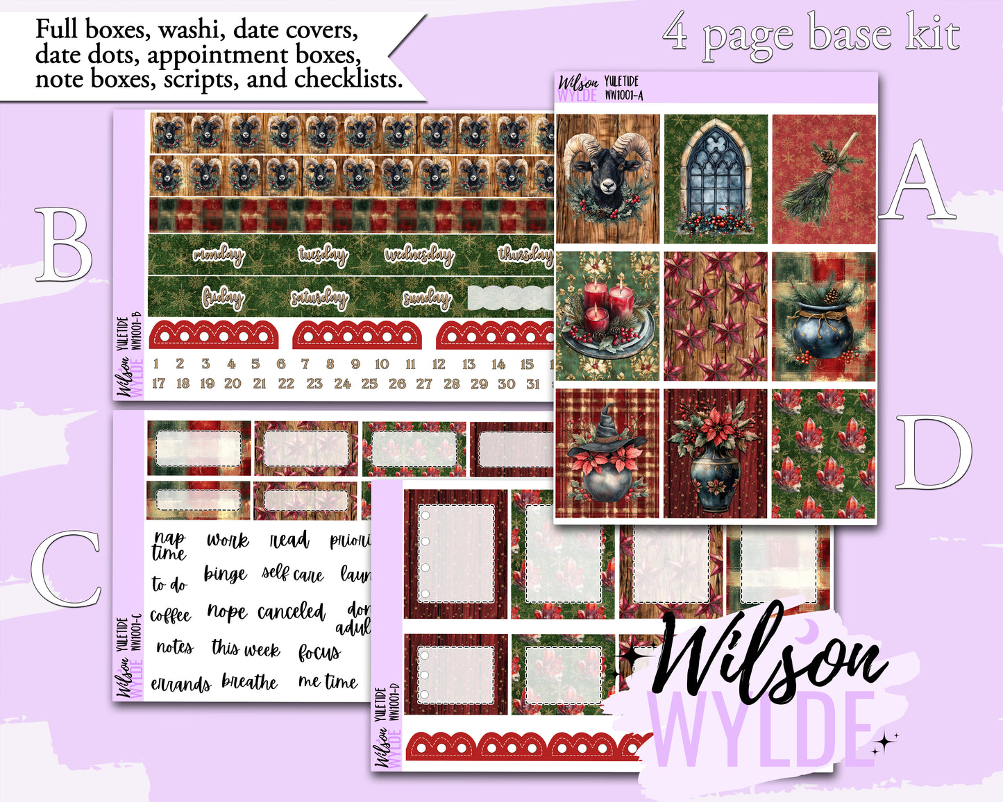 Yuletide weekly sticker kit, HOBONICHI COUSIN format, a la carte and bundle options. WW1001